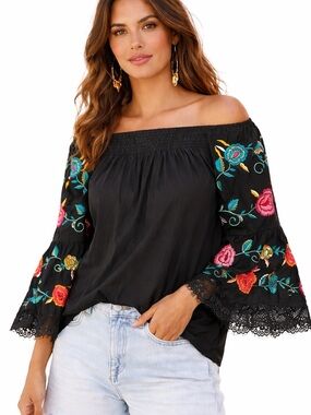 Anthropologie Ruby Yaya Embroidered Off Shoulder Boho Tunic Top LARGE Floral